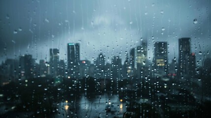 A blurred city skyline obscured by heavy rain and fading into the dark cloudy sky. - obrazy, fototapety, plakaty