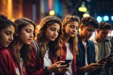 group of teenagers using smartphones have become addicted to social media technology - obrazy, fototapety, plakaty