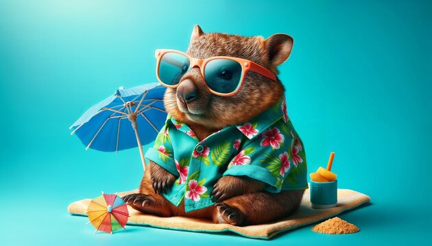 animal, wombat, funny, summer, tropical, beach, zoo, copy space, illustration