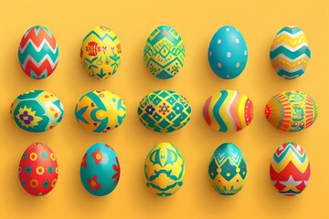 Fototapeta na wymiar Vibrant illustrations of decorated Easter Eggs in various patterns and designs,