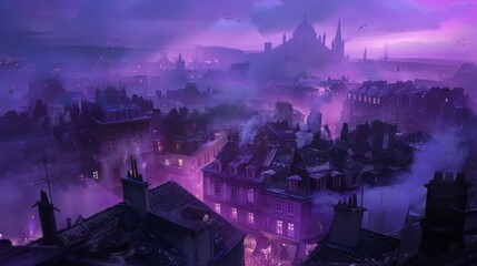 A soft purple mist hovers over the rooftops giving the city a mystical and otherworldly feel as day turns into night.