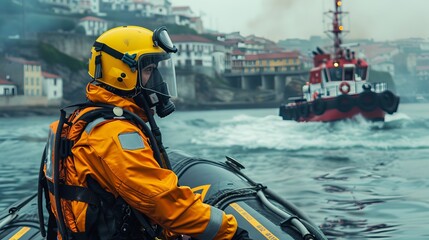 Personal fire safety team on patrol boat - obrazy, fototapety, plakaty