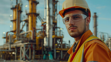 Front  view of a young male engineer with an oil refinery industrial plant in the background during the daytime.