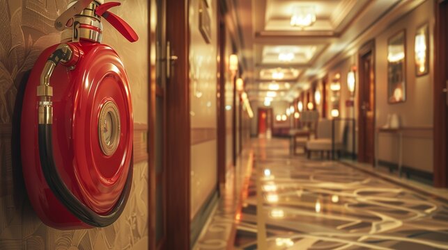 Hotel hallway with fire hose reel and extinguisher