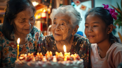 Obraz na płótnie Canvas Happy Thai family day, three generations celebrating grandma's birthday at home happily, cheerfully and cheerfully.