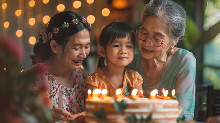 Happy Thai family day, three generations celebrating grandma's birthday at home happily, cheerfully and cheerfully. - obrazy, fototapety, plakaty