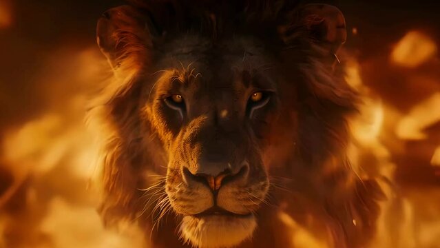 close up of lion in fire face portrait , lion king