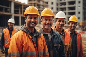 group of construction workers wearing hats and safety suits at construction building site