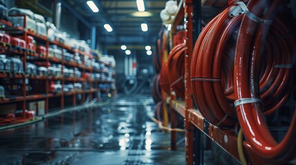 firehose inside the storage facility. Equipment for fire safety and safety - obrazy, fototapety, plakaty