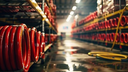 firehose inside the storage facility. Equipment for fire safety and safety - obrazy, fototapety, plakaty
