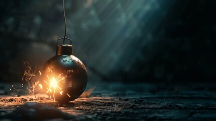 A time bomb image set against a dark background. Conceptual image of a timer counting down to explosion illuminated by a shaft of light shining through the shadows