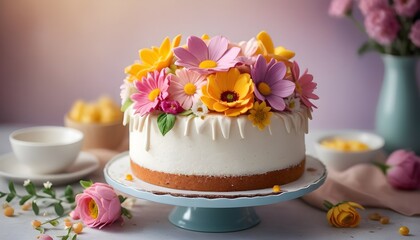 Obraz na płótnie Canvas Flower cake, flowers, food photography, beautiful, delicious food, recipe photography, realistic, natural light, colorful, food art, object photography, still life food photography, ultra hd, bokeh, c