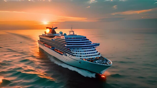 Aerial photo of a luxury cruise ship sailing the sea at sunset. Cruise vacation.