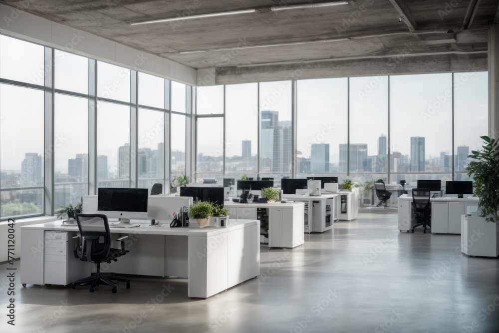 Poster modern industrial style workspace office with desk and computer with view of city buildings in the w