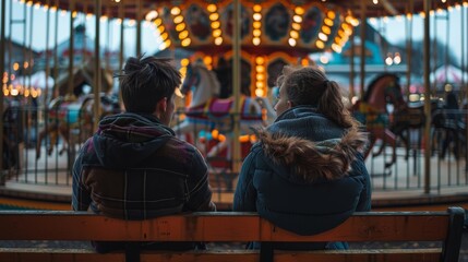 Two teenagers sitting on a bench backs to the camera engrossed in conversation as a sinisterlooking carousel spins in the background. . . - obrazy, fototapety, plakaty