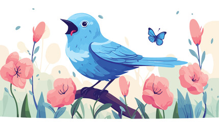 Cute Blue Bird Singing Song and Sitting Near Flower