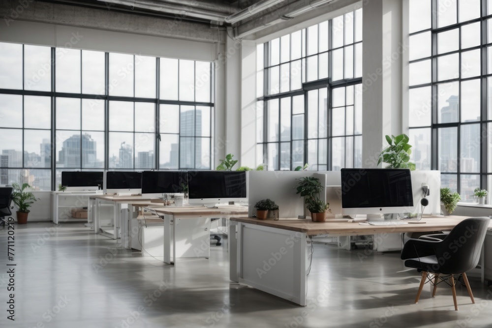 Poster modern industrial style workspace office with desk and computer with view of city buildings in the w