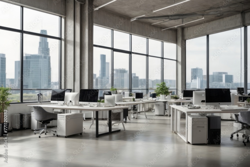Poster modern industrial style workspace office with desk and computer with view of city buildings in the w