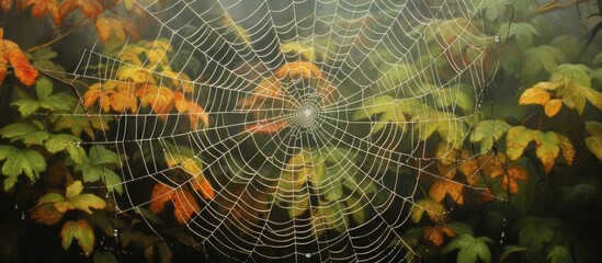 An arthropods spider web made of natural material is intricately woven among leaves in a forest, creating a beautiful pattern while capturing insects for the terrestrial animal - obrazy, fototapety, plakaty