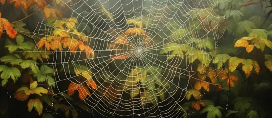 Papier Peint photo autocollant Collage de graffitis An arthropods spider web made of natural material is intricately woven among leaves in a forest, creating a beautiful pattern while capturing insects for the terrestrial animal