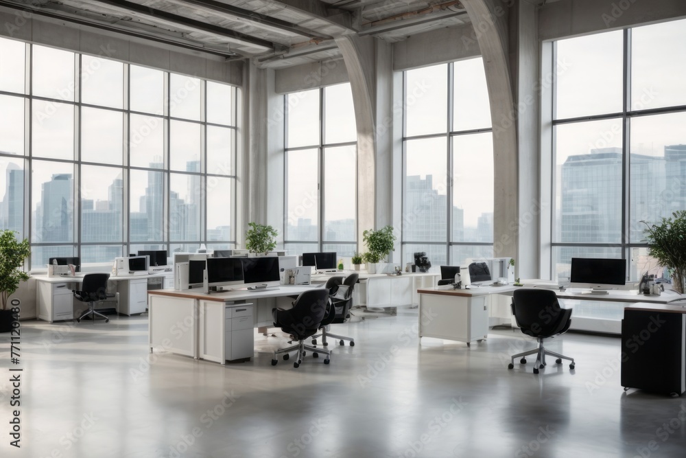 Poster modern industrial style workspace office with desk and computer with view of city buildings in the w