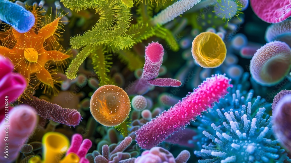 Poster a microscopic image of a vibrant and diverse bacterial community with various shapes and sizes of ba