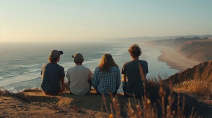 A group of friends sit atop a lookout point backs turned to the camera as they gaze out at the vast unending ocean stretching . . - obrazy, fototapety, plakaty