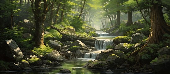 A stunning waterfall flows through the dense forest, surrounded by lush greenery and majestic trees, creating a picturesque natural landscape