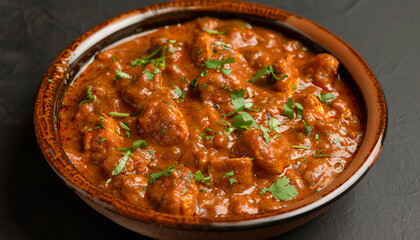 Fototapeta premium Rich and Flavorful Chicken Tikka Masala Served in a Traditional Clay Bowl, Accompanied by Basmati Rice and Naan Bread, Perfect for a Delicious Indian Cuisine Experience