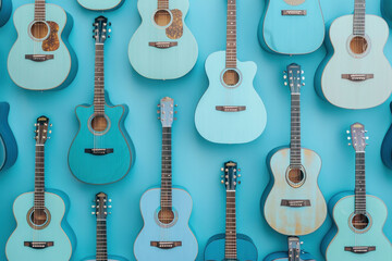 Row of various guitars hanging on blue wall with blue background in music store showroom concept