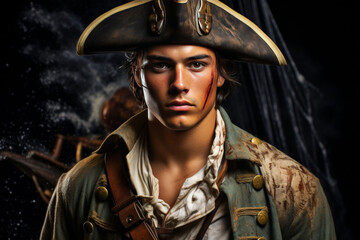 Obraz premium Handsome young Pirate Captain in tricorn hat with scarred face, cinematic emotional portrait