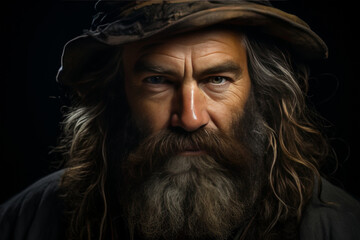 Close-up portrait of a pirate in a hat, cinematic style emotional portrait