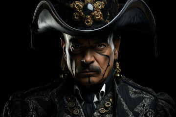 Cinematic portrait of a tough pirate captain with face tattoo in scar taped tricorn hat