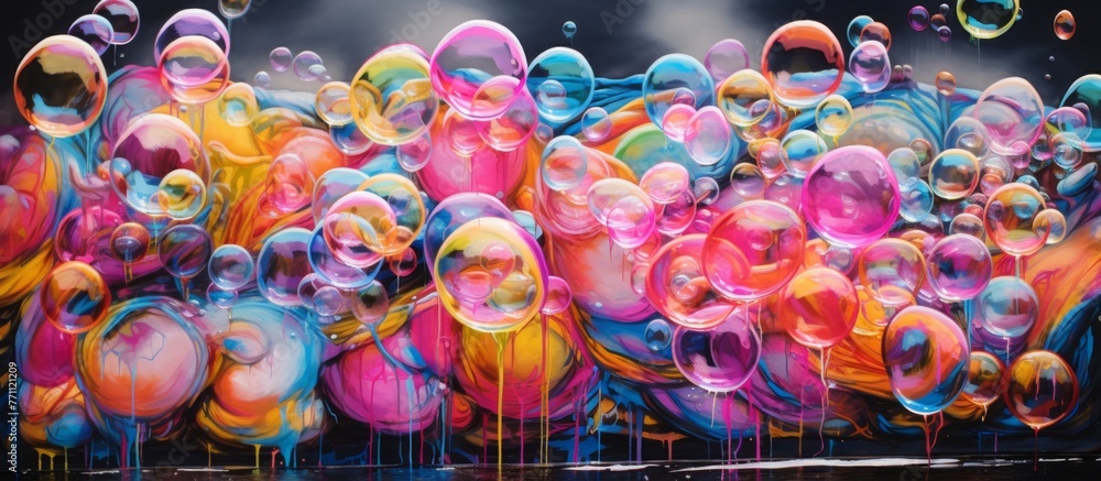 Aufkleber a crowd is entertained by the art of colorful soap bubbles floating in the air at a fun event, creat