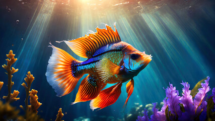 Magnificent fish swimming in the ocean, wallpaper design. Generative ai