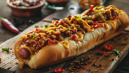 Delicious Chili Cheese Dog Topped with Spicy Chili, Melted Cheese, and Fresh Onions on a Soft Bun, Perfect for a Hearty American Street Food Experience