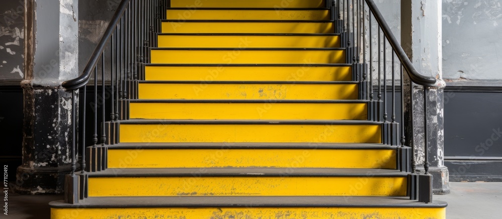 Poster the fixture features a set of yellow stairs with a black metal handrail in a building. the stairs ar