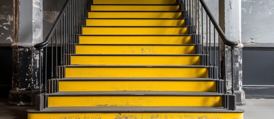 The fixture features a set of yellow stairs with a black metal handrail in a building. The stairs...