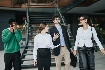 Multicultural group of businesspeople casually discussing growth strategies and market expansion in an outdoor urban setting.