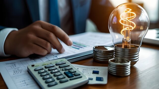 business man hand holding lightbulb with using calcula