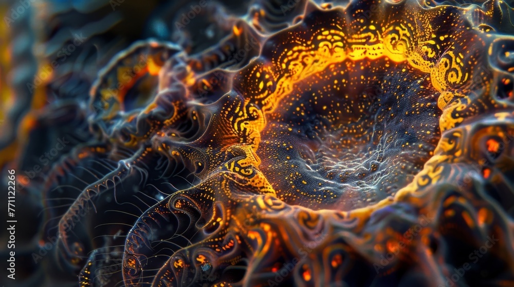 Poster the intricate patterns and vibrant colors of this microscopic view of a protozoan belie its true nat