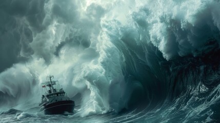 A peaceful ocean scene abruptly turns chaotic as a massive rogue wave suddenly emerges threatening to engulf a nearby ship. - obrazy, fototapety, plakaty