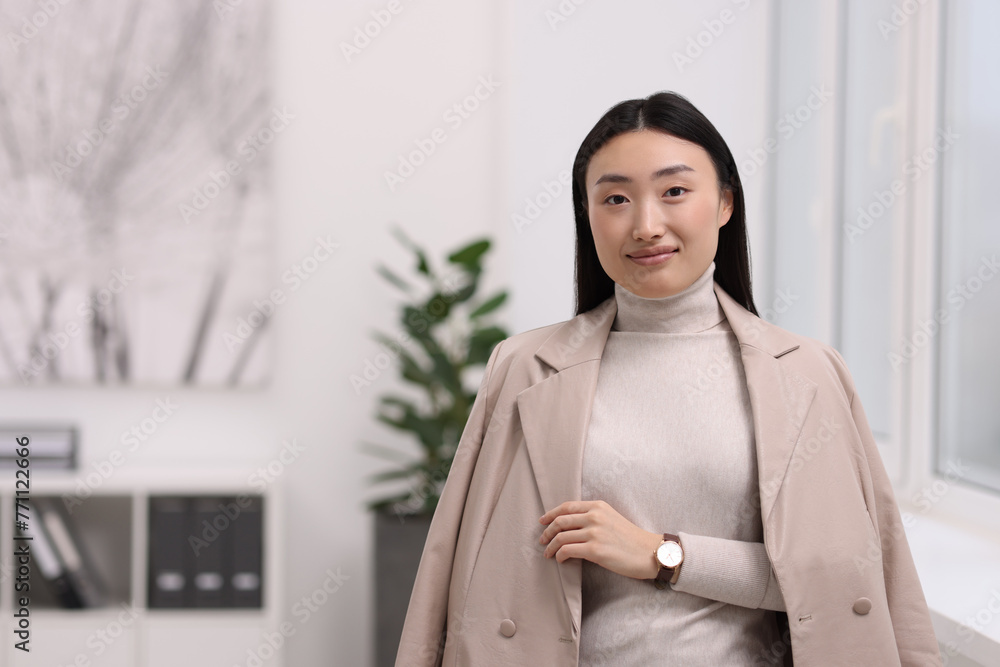 Sticker Portrait of beautiful businesswoman in office. Space for text