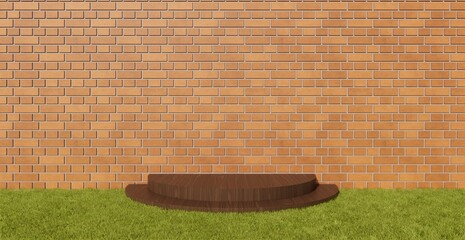Wooden podium on grass with brick background
