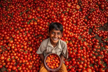 Farmer boy sitting in a pile of tomato harvest