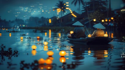 Lanterns floating in lake pond with people wearing conical hats sitting in boat, night sky - obrazy, fototapety, plakaty