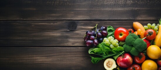 A wooden table displaying a variety of natural foods such as leafy vegetables, plum tomatoes, and superfoods, perfect for creating healthy recipes with fresh ingredients