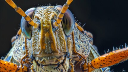 Under the microscope the grasshoppers mandibles appear jagged and formidable perfectly adapted for through vegetation. - obrazy, fototapety, plakaty