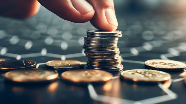 Title: "Hexagonal Wealth"
Art Description: This artwork showcases a hand placing coins on hexagons, symbolizing various aspects of finance and wealth creation. Set against an elegant black 