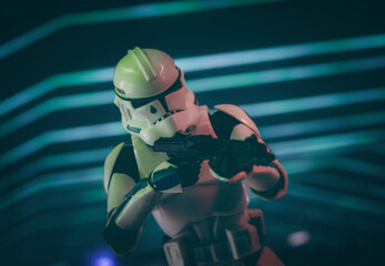 Naklejka premium NEW YORK USA, APRIL 2 2024: scene from Star Wars The Clone Wars - trooper Tup on Ringo Vinda - Hasbro figures